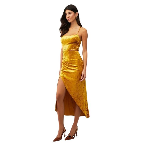 Saylor Gold Velvet Midi Dress With Spaghetti Straps & Side Slit For Women NWOT - Picture 2 of 8